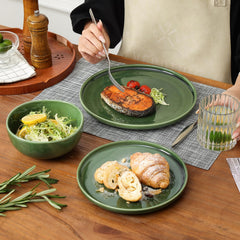 Vicrays Ceramic 12 Pieces Dinnerware Set - Dinner Plates Salad Plates Cereal Bowls Set Service for 4 - Scratch Resistant Microwave Oven Dishwasher Safe - Green
