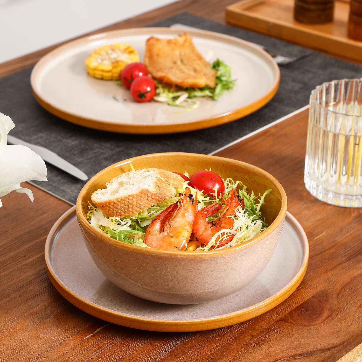 vicrays Ceramic Cereal Bowls Set - Porcelain 26 Ounce Soup Salad Bowls - Rice Dessert Cream Bowls Set - Chip Resistant Dishwasher Microwave Safe - Set of 6 (Beige)