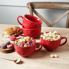 vicrays Jumbo Soup Mug Coffee Large - 27 oz Ceramic Wide Oversized Extra Big Handle Bowls Latte Friends Mug Set Gaint Cereal Oatmeal Cappuccino Cup Set of 4 - Red