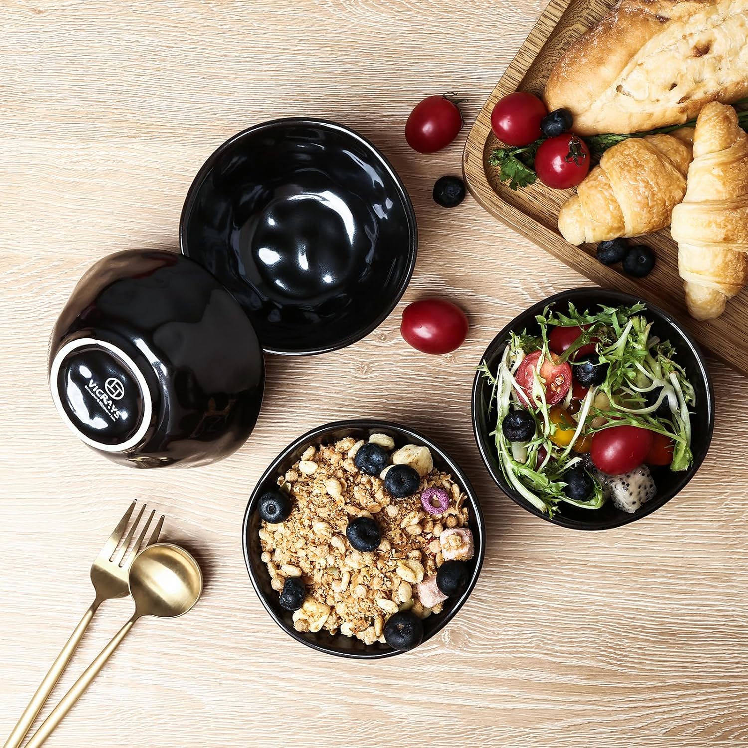 vicrays Ceramic Small Dessert Bowls Set - 10 oz, Set of 6, Microwave, Oven and Dishwasher Safe, for Rice, Ice Cream, Soup, Snacks, Cereal, Chili, Side Dishes etc, Kitchen Bowls Set, Black