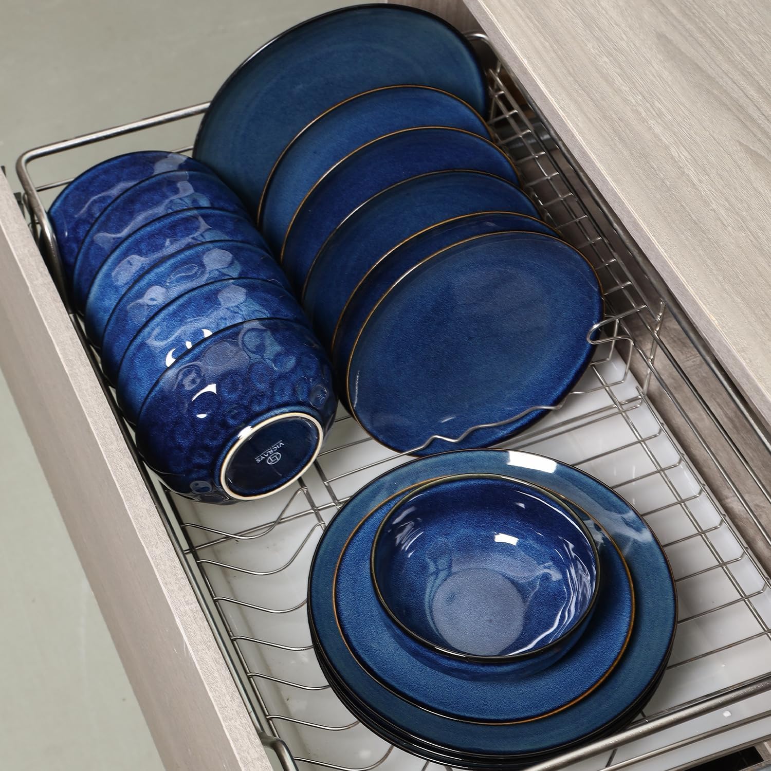 Vicrays 12-Piece Ceramic Dinnerware Set, Dinner Plates, Salad Plates &amp; Cereal Bowls, Dish Set for 4, Microwave, Oven &amp; Dishwasher Safe, Scratch Resistant, Blue