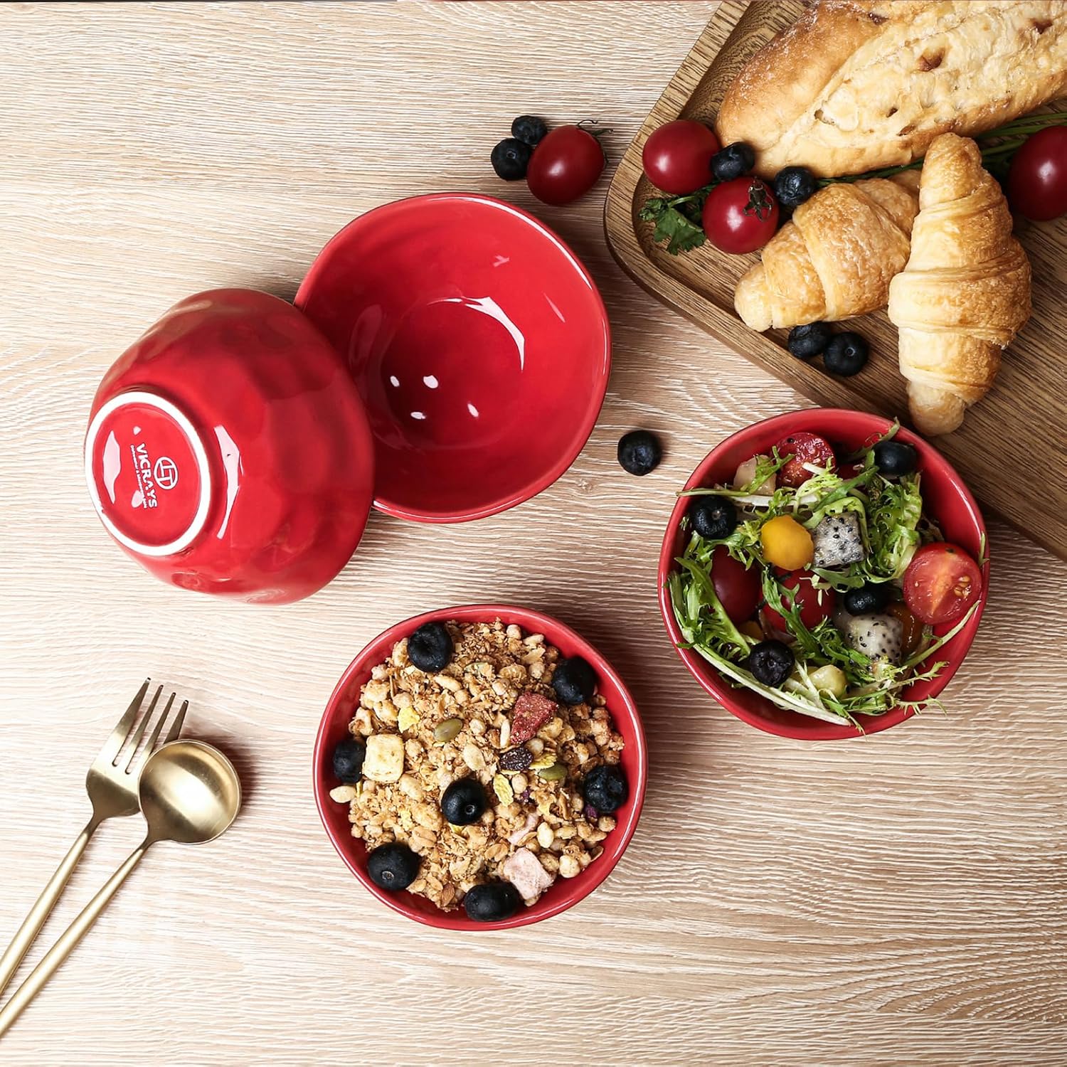 vicrays Ceramic Small Dessert Bowls Set - 10 oz, Set of 6, for Rice, Ice Cream, Soup, Snacks, Cereal, Chili, Side Dishes, Microwave, Oven and Dishwasher Safe, Kitchen Bowls Set, Red
