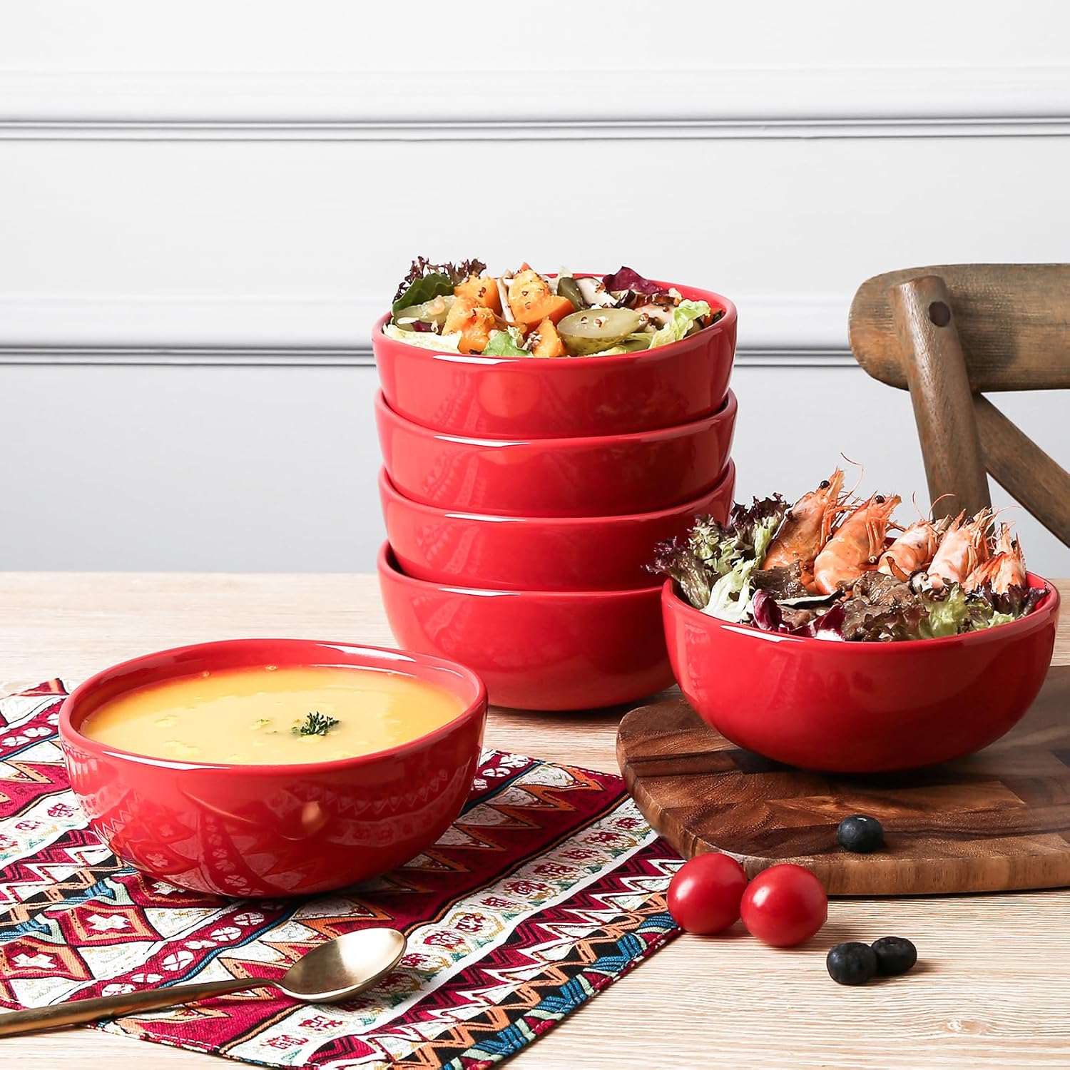 vicrays Ceramic Cereal Bowls Set - Porcelain 26 Ounce Soup Salad Bowls Set - Rice Dessert Cream Bowls Set - Chip Resistant Dishwasher Microwave Safe - Set of 6 (Red)