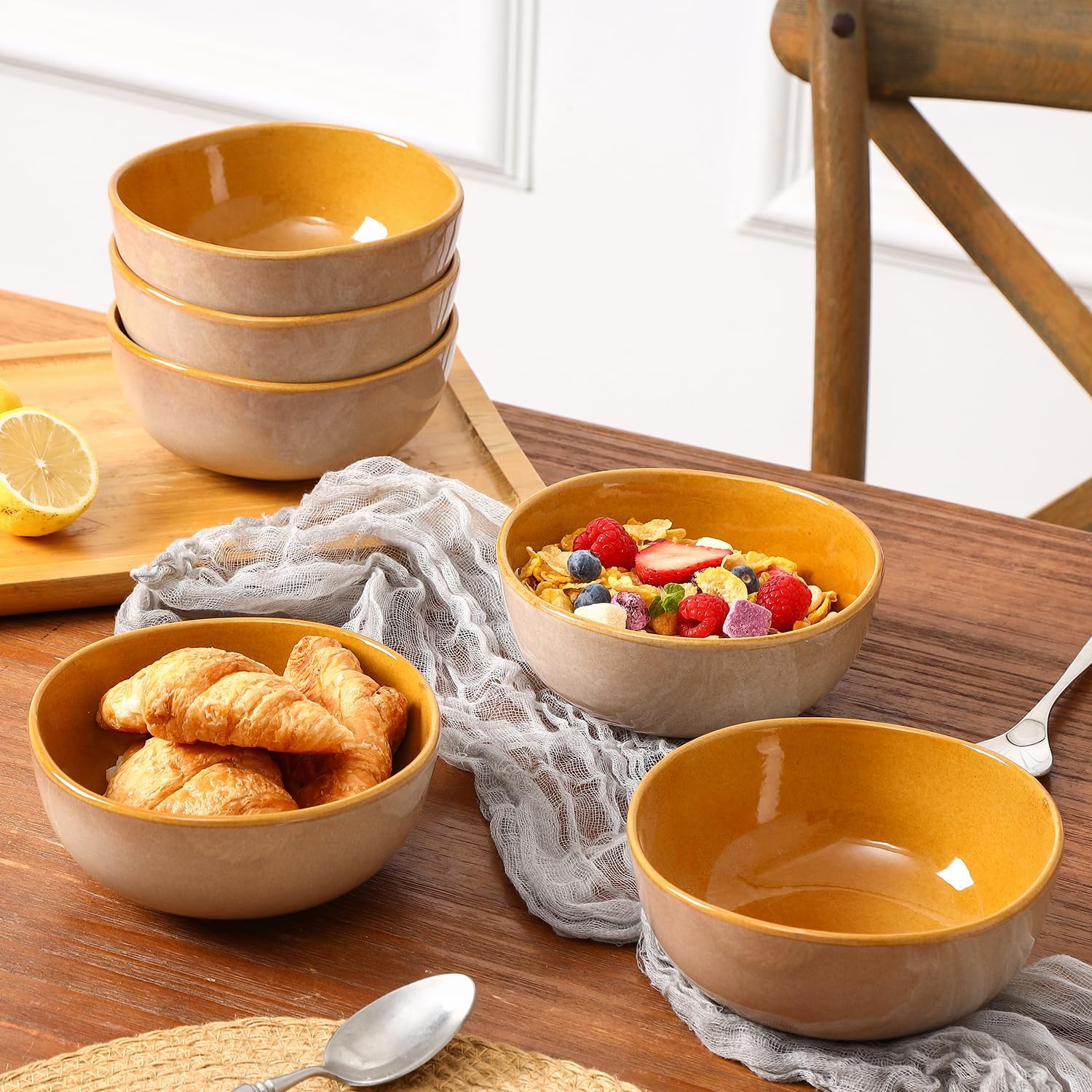 vicrays Ceramic Cereal Bowls Set - Porcelain 26 Ounce Soup Salad Bowls - Rice Dessert Cream Bowls Set - Chip Resistant Dishwasher Microwave Safe - Set of 6 (Beige)