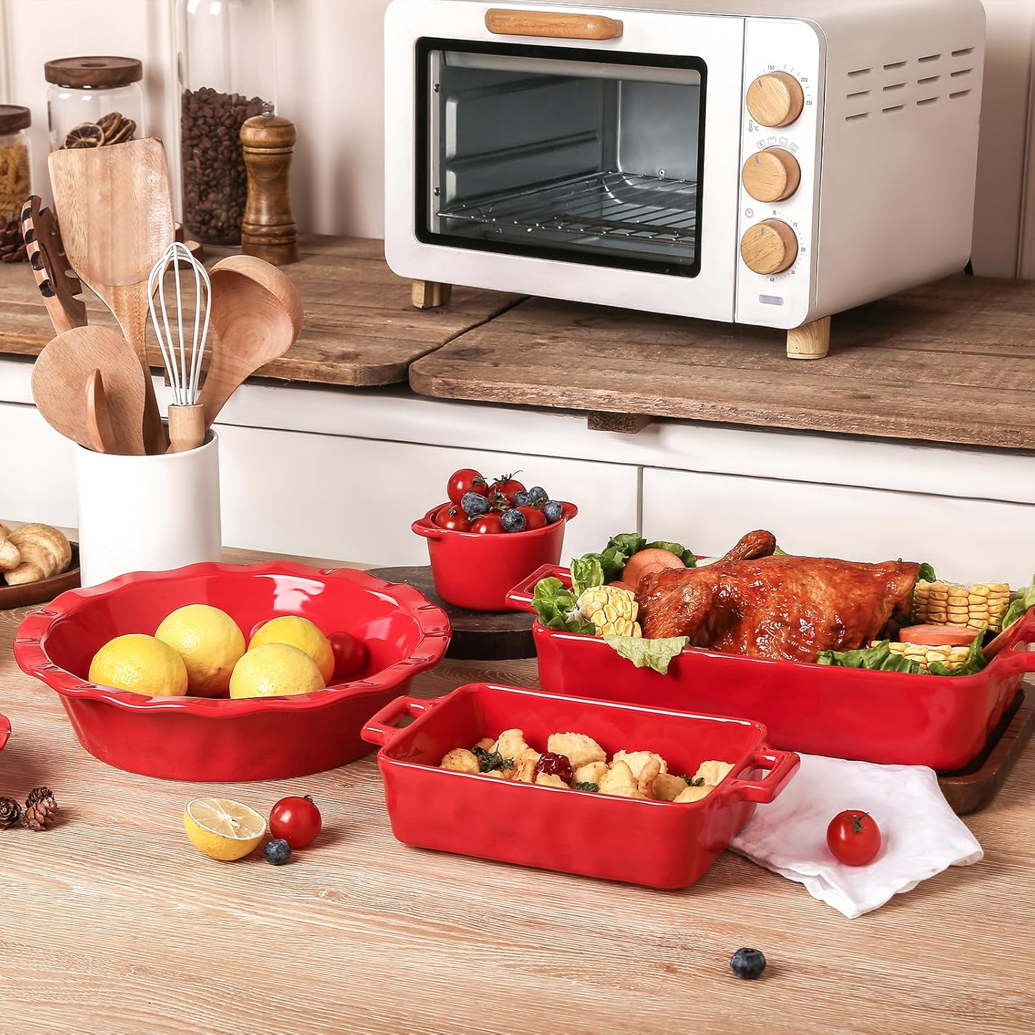 vicrays Ceramic Pie Pan for Baking - 9 inch Pie Plate, Round, Fluted and Deep Pie Dish for Tart, Pizza, Apple Pie, Quiche, Pot Pies, Cake - Reactive Glaze (Red)