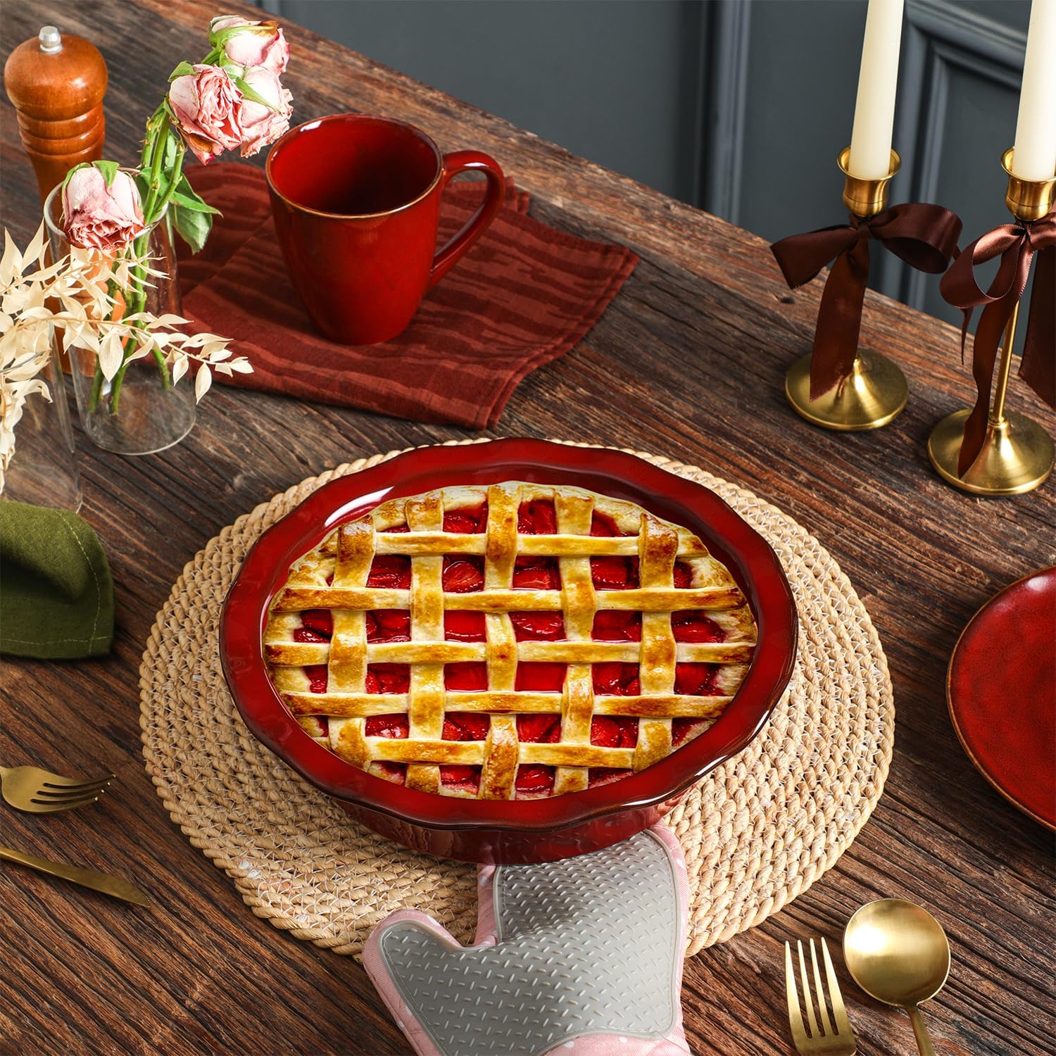 vicrays Ceramic Pie Pan for Baking - 9 inch Pie Plate, Round, Fluted and Deep Pie Dish for Tart, Pizza, Apple Pie, Quiche, Pot Pies, Cake - Reactive Glaze (Cherry Red)
