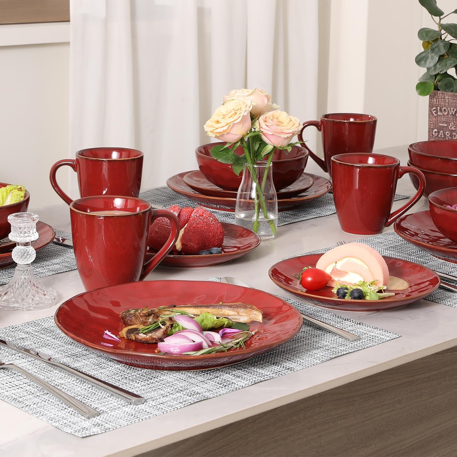 vicrays Coffee Mug Set, 12 Ounce, Set of 6, Ceramic Mug for Men, Women, Unique Glazed Mugs with Handle for Coffee, Tea, Milk, Cocoa, Cereal(Cherry Red)