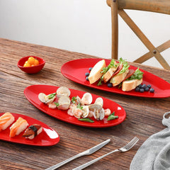 vicrays Large Oval Serving Platters, 16"/14"/10" Porcelain Serving Platters for Party, BBQ,Stackable Serving Trays Serving Plates for Appetizers, Sushi, Restaurant, Dessert, Set of 3 (Red)