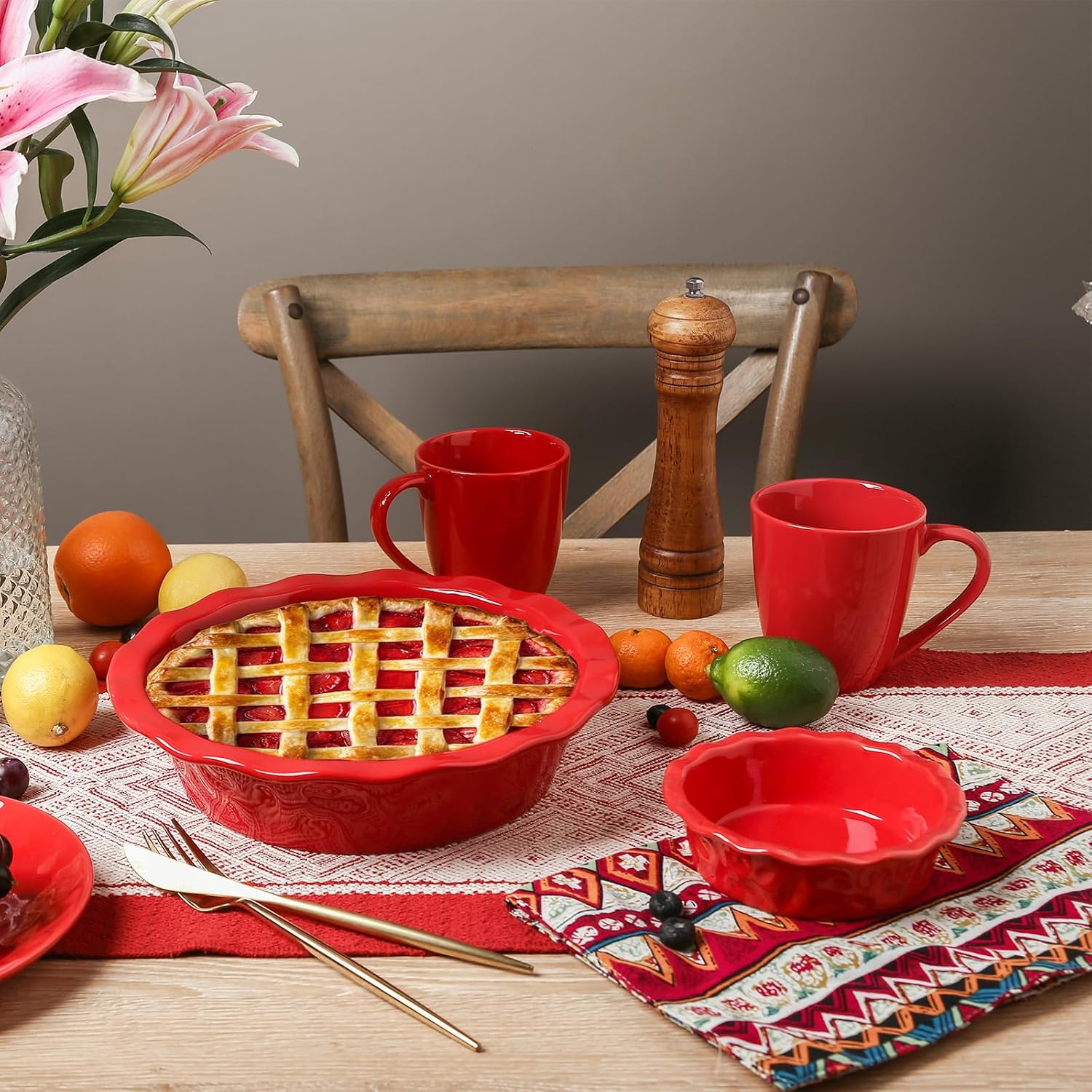 Vicrays Ceramic Pie Pan for Baking - 5.5 inch Small Pie Plates Deep Dish Round Pot Casserole Mini Serving Bowl - Microwave Oven Safe for Dessert Apple Pie Cake Tart Pizza Set of 6 - Red