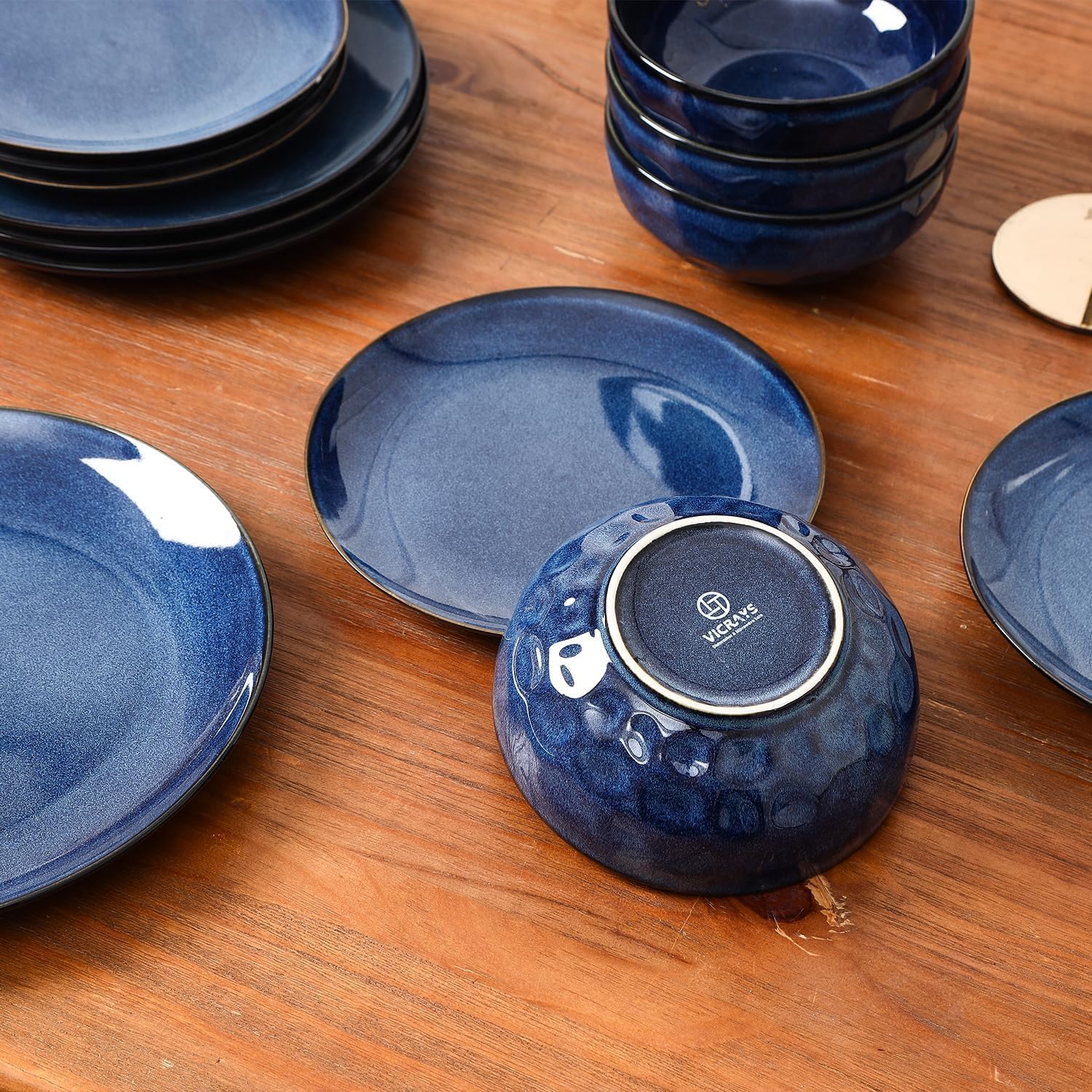 Vicrays 12-Piece Ceramic Dinnerware Set, Dinner Plates, Salad Plates &amp; Cereal Bowls, Dish Set for 4, Microwave, Oven &amp; Dishwasher Safe, Scratch Resistant, Blue