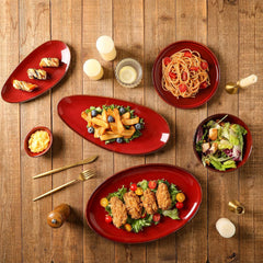 vicrays Large Oval Serving Platters, 16"/14"/10" Porcelain Serving Platters for Party, BBQ,Stackable Serving Trays Serving Plates for Appetizers, Sushi, Restaurant, Set of 3 (Cherry Red)