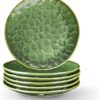 Green Ceramic Dinner Plates Set, 10.5 Inch, Set of 6, Round, Microwave, Oven, Dishwasher Safe, Scratch Resistant, Porcelain Fluted Suitable for Steak, Pasta, Pizza, Home, Party, Restaurant