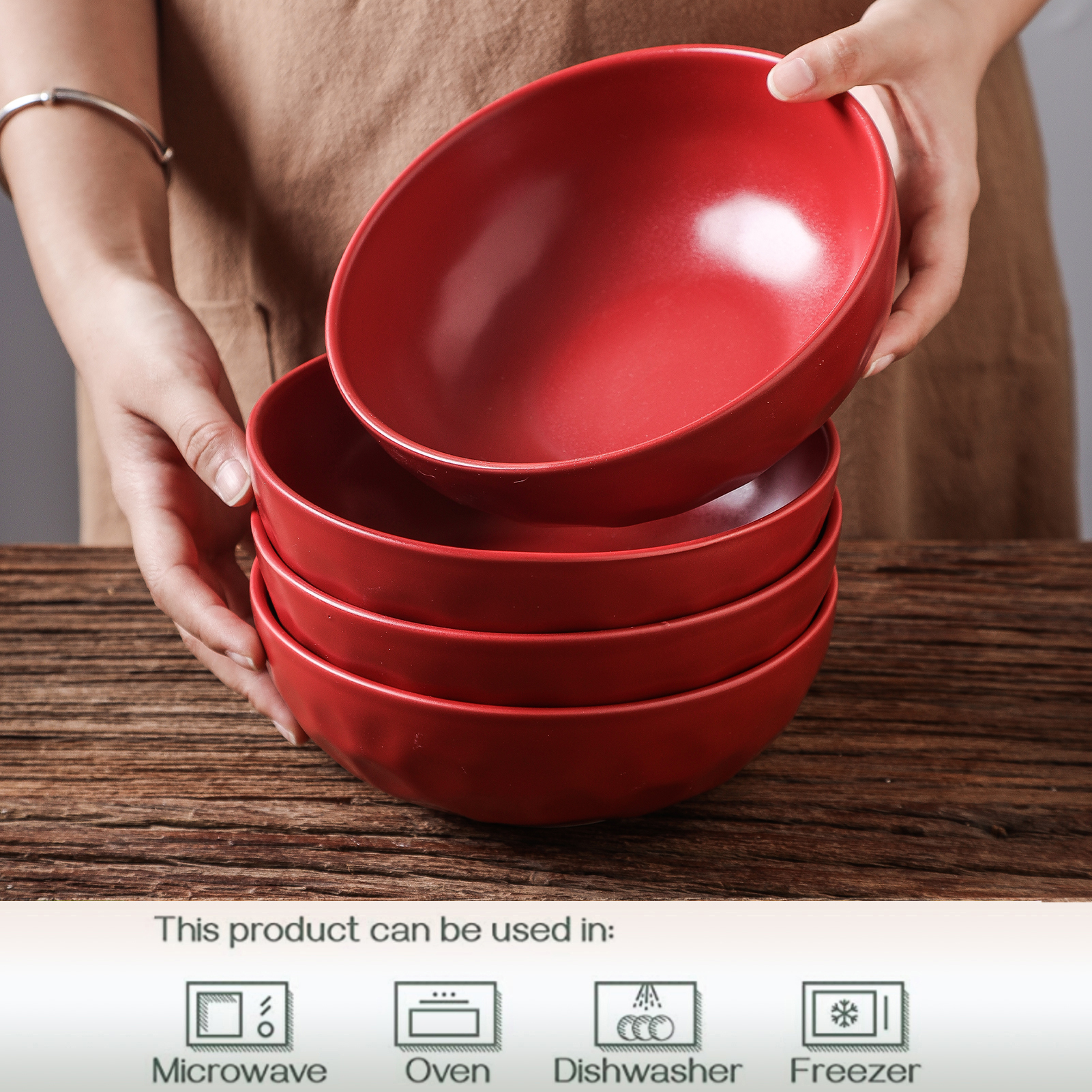 Red Ceramic Pasta Bowls Set, 32 Ounce Soup Bowls, Set of 6, Large Salad  Bowls, Chip Resistant, Dishwasher Microwave Safe, Fluted stoneware Bowls  for