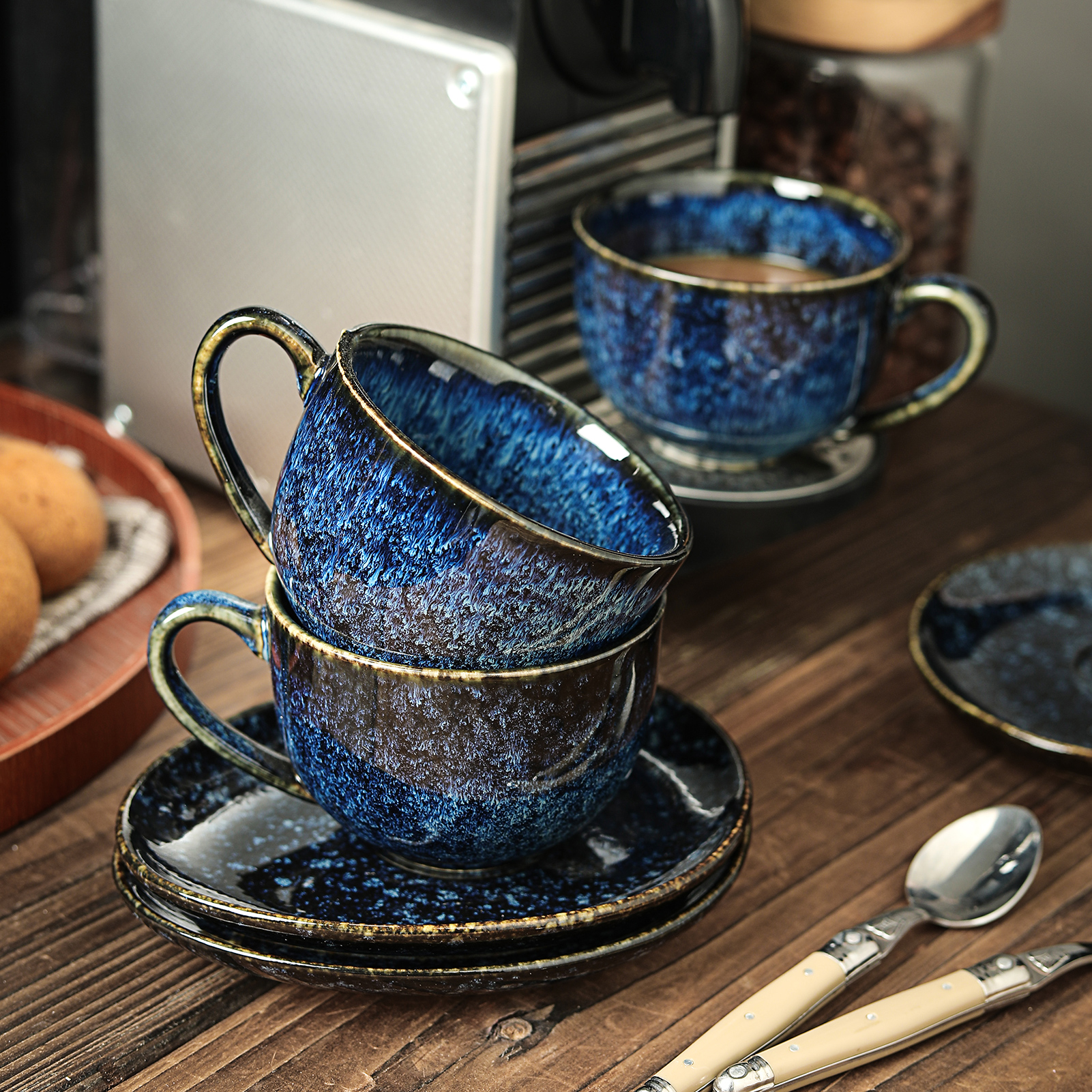 Vicrays 6.5 oz Cappuccino Cups with Saucers, Set of 4, Ceramic Coffee Cup  for Au Lait, Double shot, Latte, Cafe Mocha, Tea (Starry Blue) 