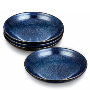 vicrays Ceramic Pasta Bowls Set, 34 Ounce Large Ripple Salad Bowls, Wide and Shallow, Chip Resistant, Dishwasher Microwave Safe, stoneware Bowls for Kitchen, Serving Bowls, Set of 4 (Starry Blue)