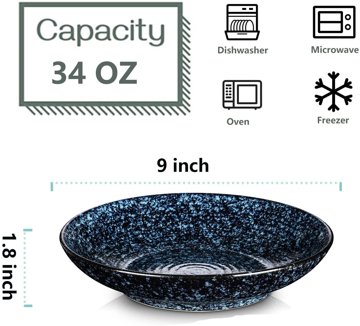 Blue Ripple Ceramic Pasta Bowls Set, 34 Ounce Large Salad Bowls, Wide