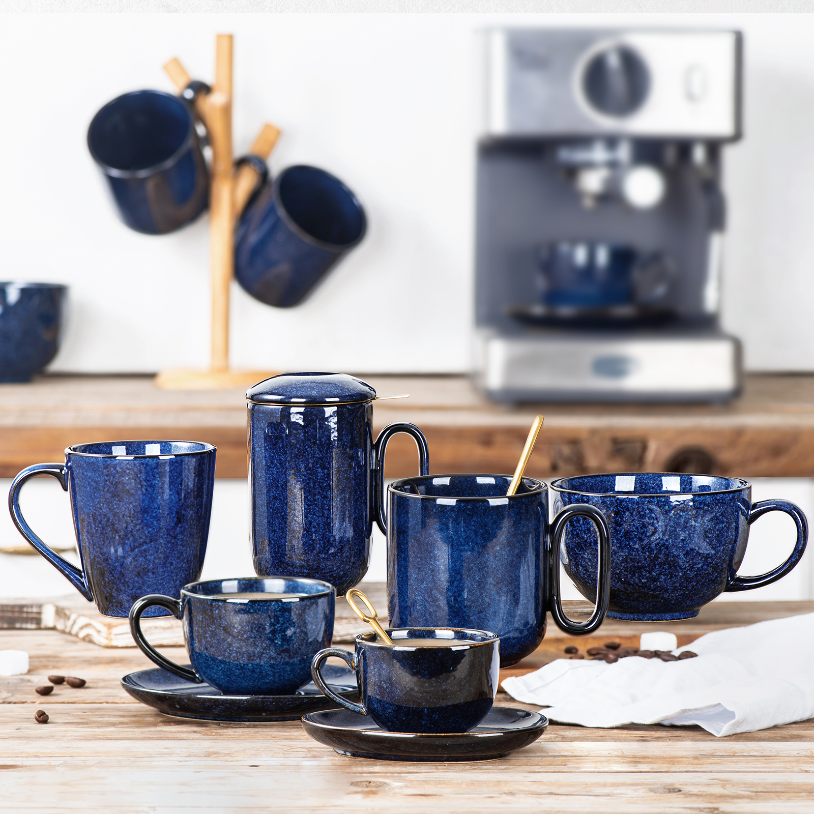 vicrays Ceramic Coffee Mug Set - 18 Ounce Large Stoneware Mug for Men Women  - Unique Glazed Porcelain Mugs with Handle for Coffee Latte Tea Milk Cocoa  - Set of 4 (Starry Blue) - Vicrays Ceramics