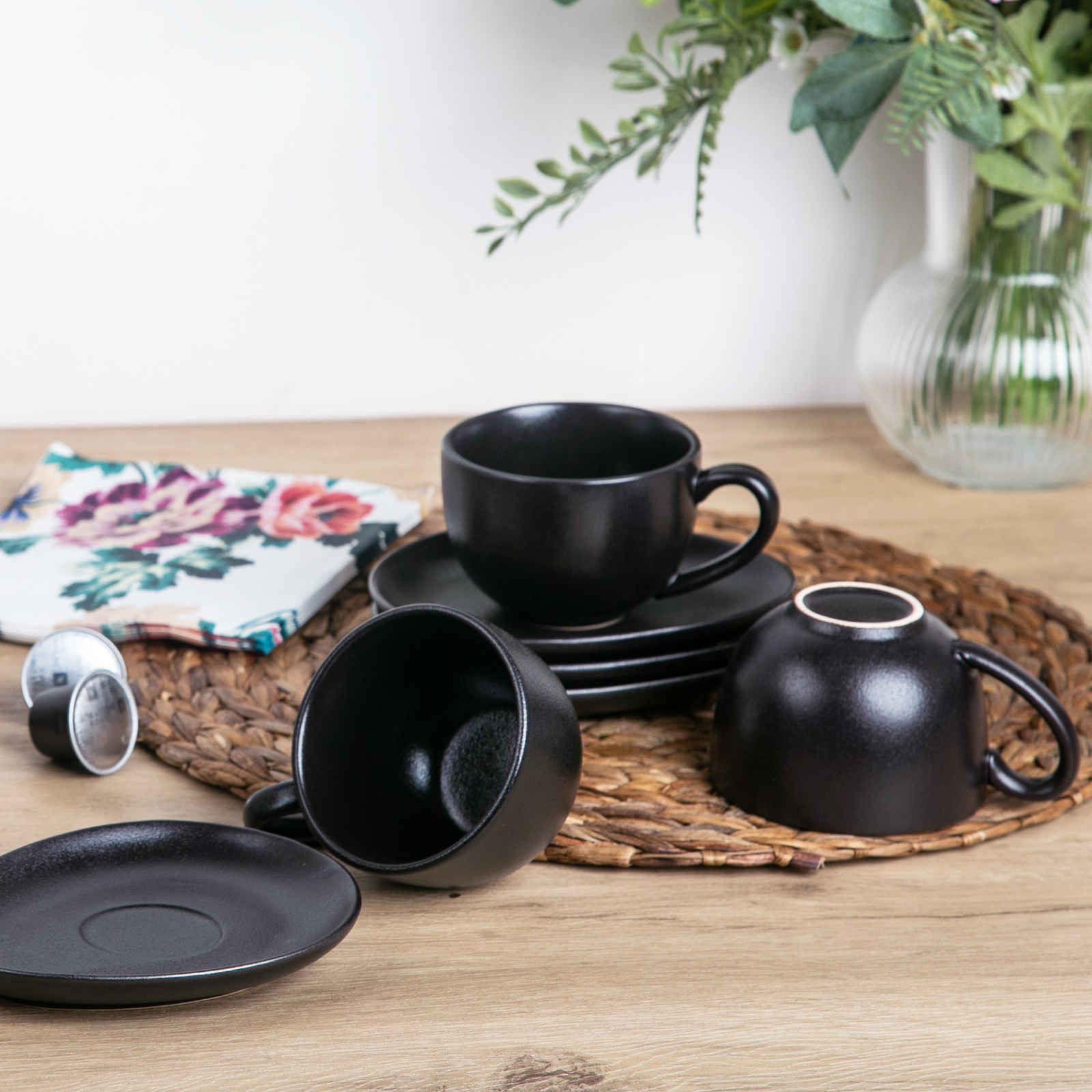 beafourtony Espresso Cups and Saucers Unique craft Ceramic Cup Small  Cappuccino or Double Espresso Ceramic Cups 5 Oz (Black)