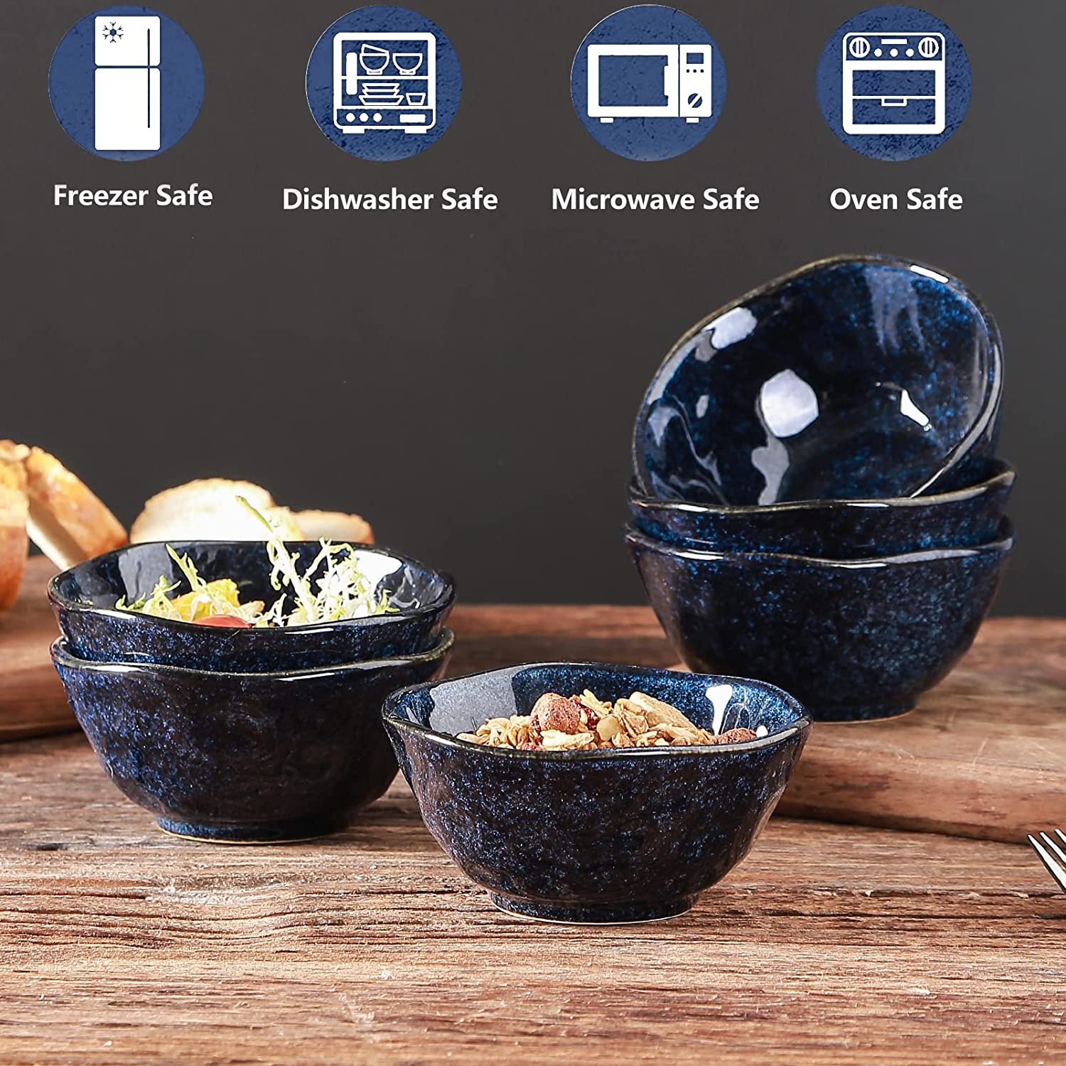 Vicrays Ceramic Small Dessert Bowls Set 10 oz, Set of 6, Microwave, Oven  and Dishwasher Safe, for Rice, Ice Cream, Soup, Snacks, Cereal, Chili, Side  Dishes etc, Kitchen Bowls Set(Starry Blue)