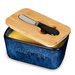 Ceramic Butter Dish Keeper Container - Vicrays Porcelain Airtight Lid Butter Container with Knife for Countertop - Large Butter Keeper Crock for West or East Coast Butter - Starry Blue