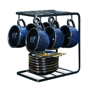 Ceramic Espresso Coffee Cups Set - VICRAYS 4 oz Porcelain Espresso Cups with Saucers Spoons and Metal Stand for Tea Cafe Cappuccino Latte - Set of 6 - Starry Blue