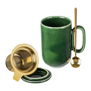 Vicrays Ceramic Tea Mug Infuser - Large Cup 16 oz Hot Loose Steeping Handle Teacup with Leaf Infuser Spoon Lid - Tall Glazed Strainer Coffee Mug Microwave Safe - Green…