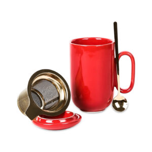 Vicrays Ceramic Tea Mug Infuser - Large Cup 16 oz Hot Loose Steeping Handle Teacup with Leaf Infuser Spoon Lid - Tall Glazed Strainer Coffee Mug Microwave Safe - Red