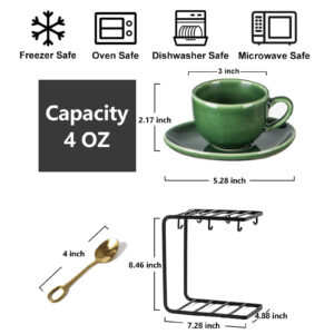 Porcelain Espresso Cups with Saucers, 4 Ounce Stackable Cappuccino Cups  with Metal Stand for Coffee Drinks, Latte, Tea