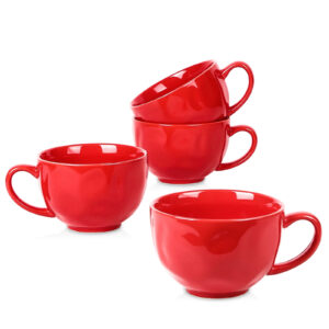 vicrays Jumbo Soup Mug Coffee Large - 27 oz Ceramic Wide Oversized Extra Big Handle Bowls Latte Friends Mug Set Gaint Cereal Oatmeal Cappuccino Cup Set of 4 - Red
