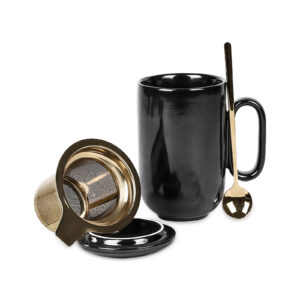 Vicrays Ceramic Tea Mug Infuser - Large Cup 16 oz Hot Loose Steeping Handle Teacup with Leaf Infuser Spoon Lid - Tall Glazed Strainer Coffee Mug Microwave Safe - Black
