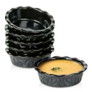 vicrays Ceramic Pie Pan for Baking - 5.5 inch Small Pie Plates Deep Dish Round Pot Casserole Mini Serving Bowl - Microwave Oven Safe for Dessert Apple Pie Cake Tart Pizza Set of 6 - Black