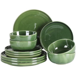 Vicrays Ceramic 12 Pieces Dinnerware Set - Dinner Plates Salad Plates Cereal Bowls Set Service for 4 - Scratch Resistant Microwave Oven Dishwasher Safe - Green