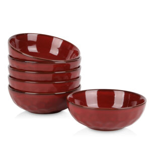vicrays Ceramic Salad Bowls Set for Kitchen, Serving - 32 Ounce Soup Bowls, Pasta Bowls, Chip Resistant, Dishwasher Microwave Safe, Large, Fluted, stoneware, Set of 6 (Cherry Red)
