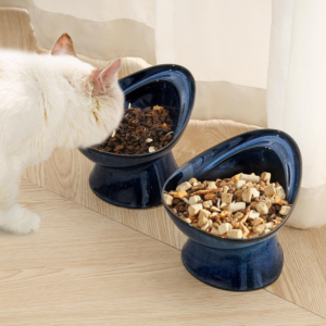 Vicrays Ceramic Cat Bowl Set - Cat Food Feeding Bowls for Indoor Cats Whisker Friendly Cute Cat Dish Cat Plates Microwave Dishwasher Safe, 2 Pack, 11 oz, 6.4 inch, (Blue)