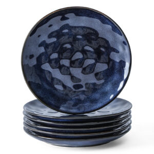 vicrays Ceramic Dessert Salad Plates, 8 Inch, Set of 6, Round, Microwave, Oven, and Dishwasher Safe, Scratch Resistant, Porcelain Fluted Suitable for Snacks, Appetizer, Home, Party, Restaurant (Starry Blue)