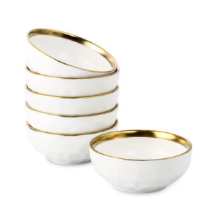 vicrays Ceramic Salad Bowls Set for Kitchen, Serving - 24 Ounce Soup Bowls, Pasta Bowls, Chip Resistant, Dishwasher Safe, Large, Fluted, Stoneware, Set of 6 (White with Golden)