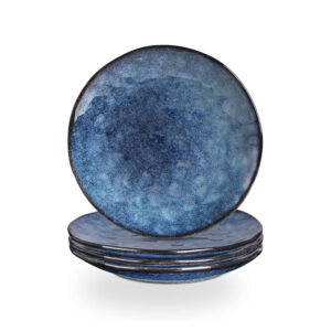 vicrays Porcelian Round Dessert Plate, 20.3 cm, Microwave, Oven, Dishwasher Safe, Scratch Resistant, Porcelain Fluted Suitable for Salad, Fruit, Snack, Home, Party, Set of 4 (Coral Blue)