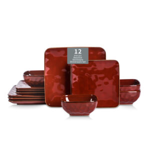 vicrays Ceramic Square 12 Pieces Dinnerware Set - Dinner Plates Salad Plates Cereal Bowls Set Service for 4 - Scratch Resistant Microwave Oven Dishwasher Safe - Cherry Red