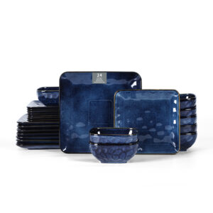 Vicrays Ceramic 24 Pieces Square Dinnerware Set - Dinner Plates Salad Plates Cereal Bowls Set Service for 8 - Scratch Resistant Microwave Oven Dishwasher Safe - Blue