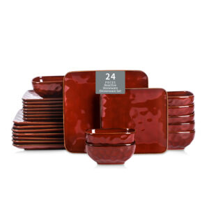 Vicrays Ceramic 24 Pieces Square Dinnerware Set - Dinner Plates Salad Plates Cereal Bowls Set Service for 8 - Scratch Resistant Microwave Oven Dishwasher Safe - Cherry red
