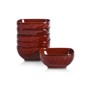 vicrays Ceramic Square Bowls Set - 24 Ounce Soup Dessert Snack Bowls, Stoneware Fluted Bowls Set for Kitchen, Serving, Chip Resistant, Dishwasher Microwave Safe, Set of 6 (Cherry Red)