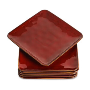 vicrays Ceramic Square Plates Set of 6 - Large Porcelain 10 inch Dinner Plates for Steak Pasta Pizza - Microwave Oven and Dishwasher Safe - Cherry red