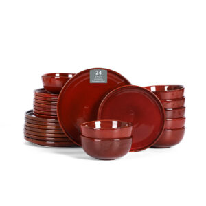 Vicrays Ceramic 24 Pieces Dinnerware Set - Dinner Plates Salad Plates Cereal Bowls Set Service for 8 - Scratch Resistant Microwave Oven Dishwasher Safe - Cherry Red