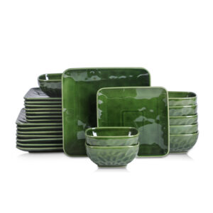 Vicrays Ceramic 24 Pieces Square Dinnerware Set - Dinner Plates Salad Plates Cereal Bowls Set Service for 8 - Scratch Resistant Microwave Oven Dishwasher Safe - Green