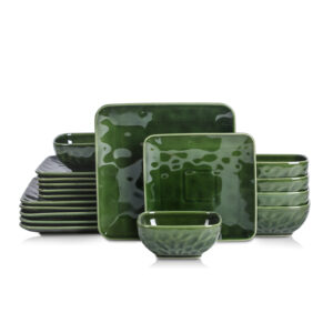 Vicrays Ceramic 18 Pieces Square Dinnerware Set - Dinner Plates Salad Plates Cereal Bowls Set Service for 6 - Scratch Resistant Microwave Oven Dishwasher Safe - Green