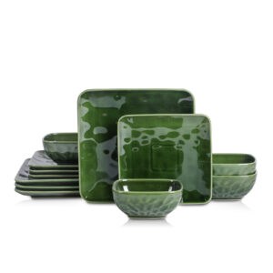 vicrays Ceramic Square 12 Pieces Dinnerware Set - Dinner Plates Salad Plates Cereal Bowls Set Service for 4 - Scratch Resistant Microwave Oven Dishwasher Safe - Green