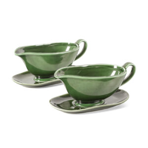 Vicrays Gravy Boat with Saucer - Large 17oz Ceramic Sauce Boat with Tray Set of 2 for Turkey Salad Dressings Creamer Milk Broth - Thanksgiving Christmas Holiday Serving Dishes - Green