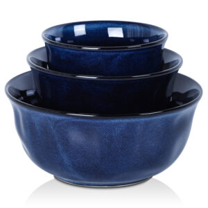 vicrays Ceramic Mixing Serving Bowl Set: Nesting Stoneware Kitchen Decorative Large Bowls for Prepping, Baking – Microwave Oven Dishwasher Safe – 9/7/5.7 inch, Set of 3 (Blue)